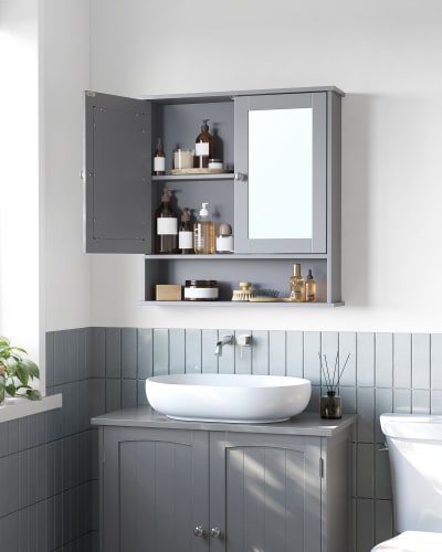 Armoire murale 2 portes 2 miroirs effet bois gris