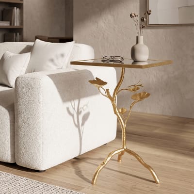 Table basse en métal doré et plateau en verre miroir 40x30x60 cm