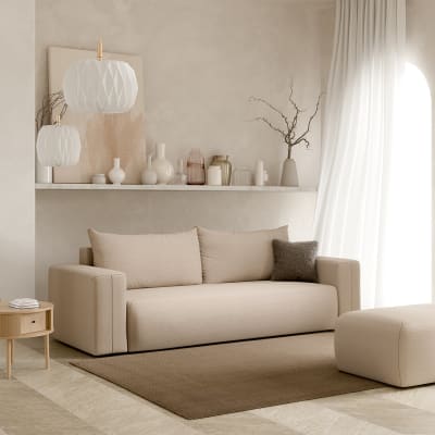 Canapé convertible 3 places coffre bois de pin beige