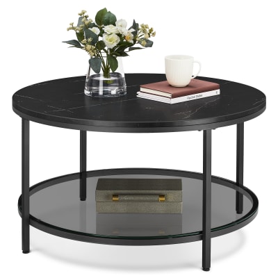 Table basse de salon canapé apéro façon marbre support en verre noir