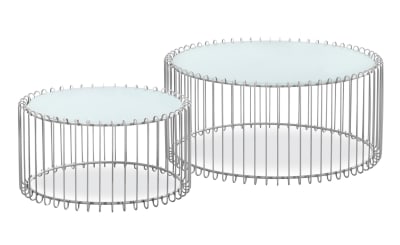 Ensemble de 2 tables basses rondes verre blanc et métal gris