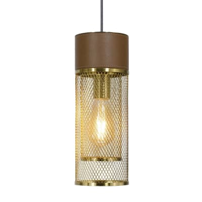 Suspension d13 en métal grillagé doré et simili cuir marron