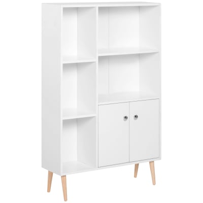 Bibliothèque scandinave 5 niches 2 portes pieds bois panneaux blanc