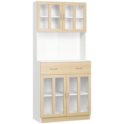 Vitrine haute 4 portes verre étagère tiroir niche blanc aspect bois