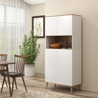 Buffet haut 4 portes 3 étagères grande niche blanc aspect chêne clair