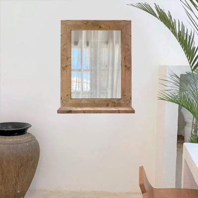Miroir mural en bois massif avec étagère couleur chêne 58x68cm