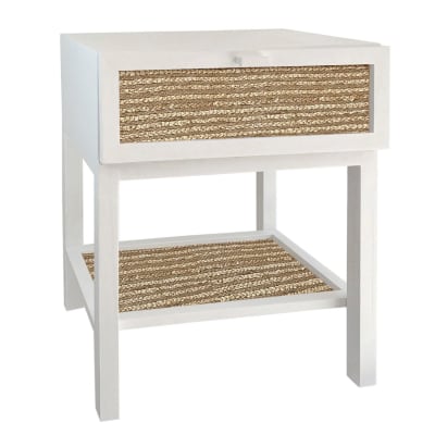 Table de chevet en bois massif blanc avec étagère et tiroir en jute