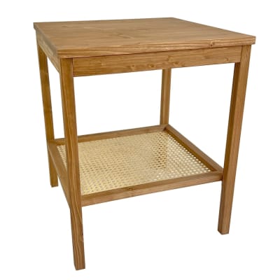 Table d'appoint en bois avec étagère en rotin marron clair 45x45 cm