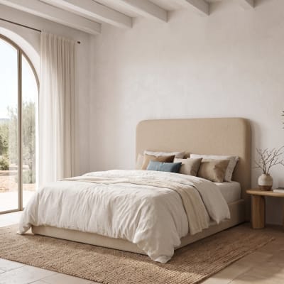 Tête de lit incurvée enveloppante beige, lit 135 cm, 153x120 cm
