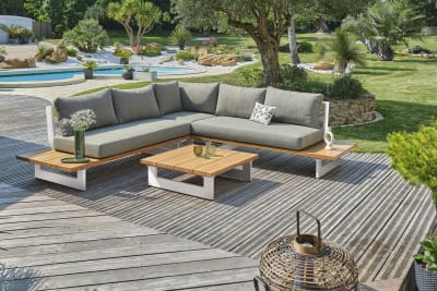Salon de jardin 5 places en aluminium et plateau imitation bois