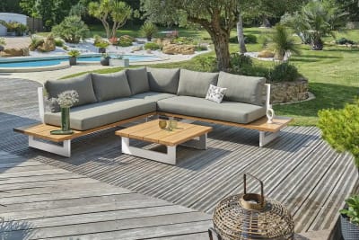 Salon de jardin en aluminium et plateau imitation bois (5 places)