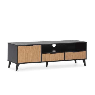 Meuble TV 1 porte et 2 tiroirs, couleur Noir/Bois
