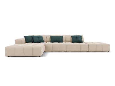 Canapé d'angle gauche 5 places en tissu velours beige clair