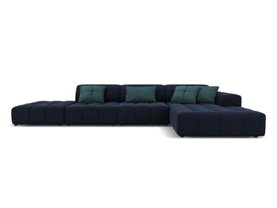 Canapé d'angle droit 5 places en tissu velours bleu foncé