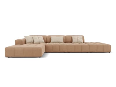 Canapé d'angle gauche 5 places en tissu velours beige foncé