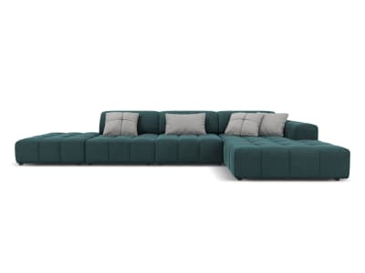 Canapé d'angle droit 5 places en tissu velours pétrole