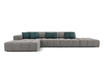 Canapé d'angle gauche 5 places en tissu velours gris clair