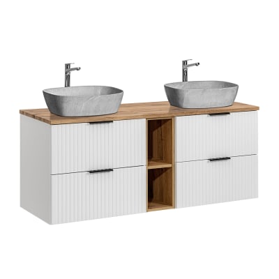 Meuble double vasque effet pierre panneaux mélaminé et mdf blanc