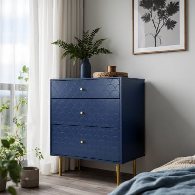 Commode buffet 3 tiroirs bleu marine motif d'écailles pieds dorés