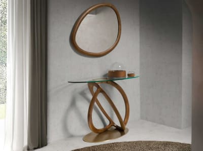 Table console ovale en verre trempé, noyer et or