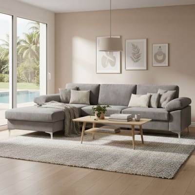 Canapé d'angle gauche 4-5 places en velours gris