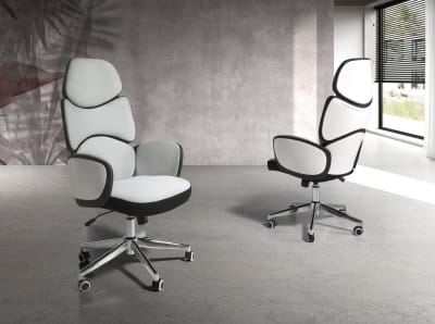 Siège de bureau pivotant tissu gris clair et pvc blanc brillant
