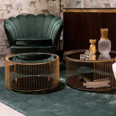 2 tables basses double plateaux en acier doré et verre miroir