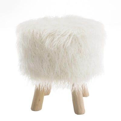 Tabouret rond 40x40cm peau de mouton couleur ivoire pieds bois