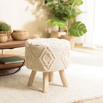 Tabouret rond 40x40cm laine motifs losanges ivoire pieds bois
