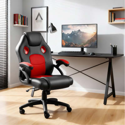Chaise de bureau gaming ergonomique en cuir synthétique noir et rouge