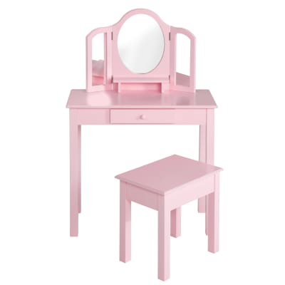 Coiffeuse enfant avec tabouret de rangement en bois rose