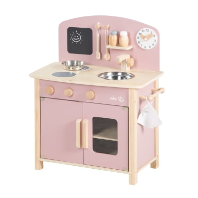 Cuisine enfant avec 7 accessoires en bois rose et beige
