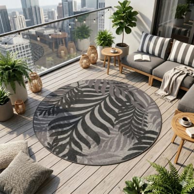 Tapis extérieur kilim rond pour terrasse et jardin gris et noir ø200cm