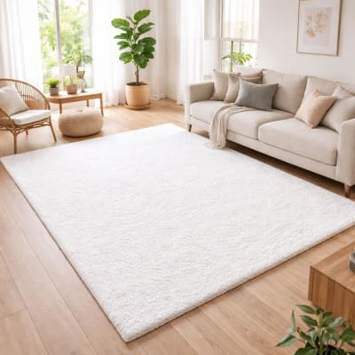 Tapis poils longs shaggy doux et soyeux tissé motif uni, crème 160x230