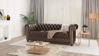 Canapé Chesterfield 3 places en cuir végan, marron