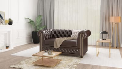 Canapé Chesterfield 2 places en cuir végan, marron