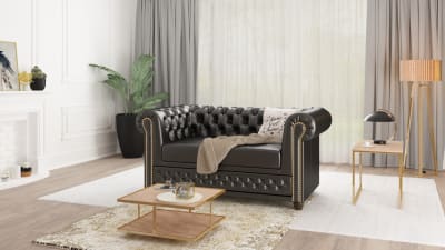 Canapé Chesterfield 2 places en cuir végan, noir