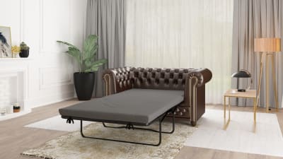 Canapé Chesterfield 2 places avec fonction lit en cuir végan, marron