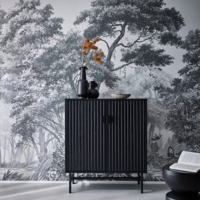 Buffet effet bois à rainures noires, 2 portes, 1 étagère