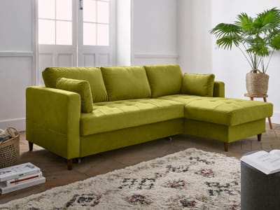 Canapé d'angle droit convertible 4 places en velours vert olive