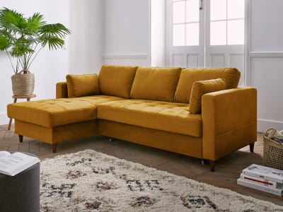 Canapé d'angle gauche convertible 4 places coffre en velours jaune
