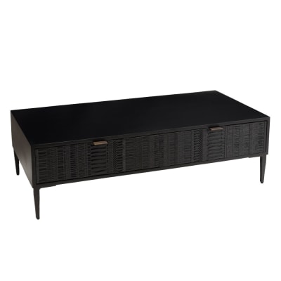 Table basse en manguier noir 2 tiroirs sculptés pieds métal