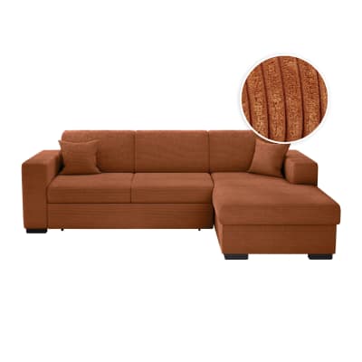 Canapé d'angle droit convertible en velours côtelé - terracotta