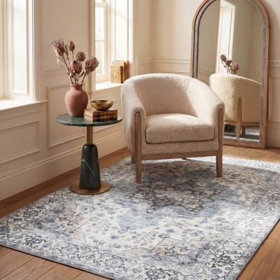 Tapis traditionnel en polyester blanc/bleu, 122 x 183 cm