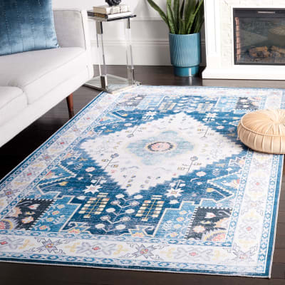 Tapis traditionnel en polyester bleu/blanc, 122 x 183 cm