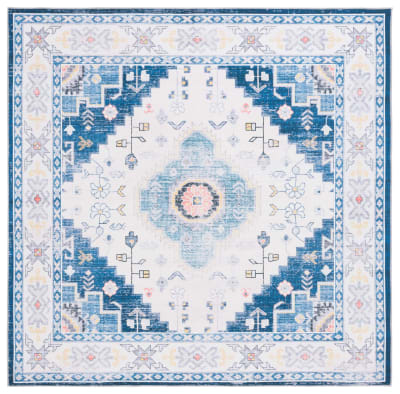Tapis traditionnel en polyester bleu/blanc, 183 x 183 cm
