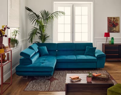 Canapé d'angle gauche convertible avec coffre 5 places en velours bleu