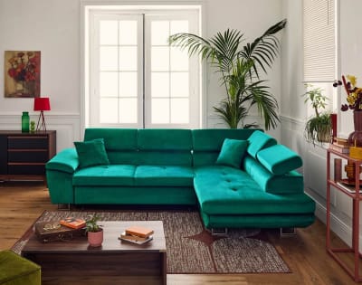 Canapé d'angle droit convertible 5 places avec coffre en velours vert
