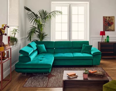 Canapé d'angle gauche convertible avec coffre 5 places en velours vert