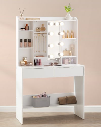 Coiffeuse avec miroir étagères réglables 2 tiroirs blanc